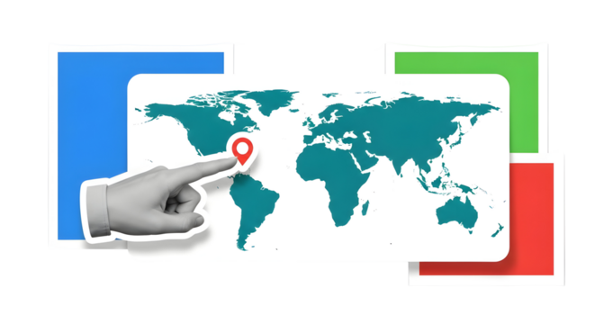 Global Exploration: Hand Points to South America on World Map for Travel and Business Themes