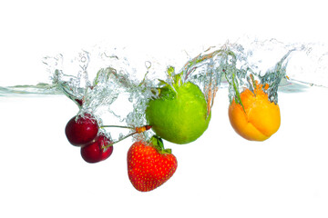 Colorful Splash of Fresh Fruits in Clear Water with Dynamic Movement