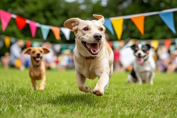 Dogs Running Toward Camera at Outdoor Dog Festival  
