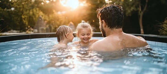 Joyful Morning Fun at the Resort Poolside Young Girls Play and Splash with Their Father in Summer