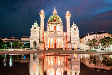 Beautiful landscape with St. Charles's Church (Karlskirche) in Vienna, Austria, Europe at night