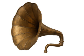 Vintage gramophone horn amplifying audio waves, showcasing analog sound reproduction against transparent backdrop