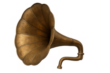 Vintage gramophone horn amplifying audio waves, showcasing analog sound reproduction against transparent backdrop