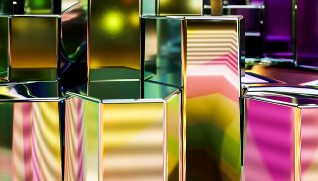 Abstract 3D render of glowing colorful hexagonal geometry background