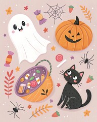 Cute Halloween Flat Lay with Ghost, Jack-o'-Lantern, Black Cat, and Candy