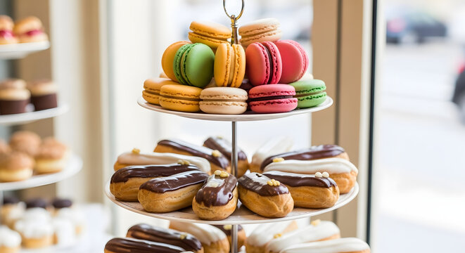 A three-tiered dessert stand with colorful macarons and chocolate eclairs in a bakery window