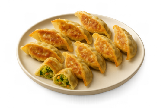 Crispy fried gyoza dumplings, filled with fresh vegetables, served on a plate with transparent background
