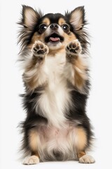 Long Haired Chihuahua Raising Paws on White Background  
