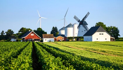 Countryside landscape with windmills and farmhouses