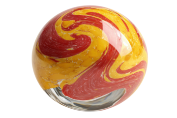 Spherical Art Glass Object with Swirling Red and Yellow Patterns Abstract Decorative Sphere on transparent background
