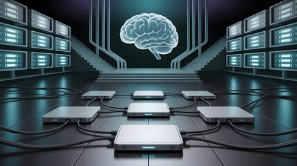 Futuristic glowing digital human brain suspended above interconnected server racks and glowing computer monitors
