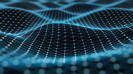 Abstract glowing blue digital network grid with interconnected nodes and flowing wave patterns on a dark background