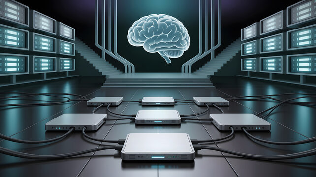 Futuristic glowing digital human brain suspended above interconnected server racks and glowing computer monitors