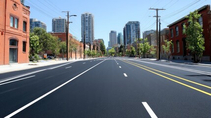 Obraz premium Empty city street stretches into a skyline of modern and older buildings under a clear blue sky
