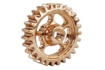 Gold cogwheel precision gear shiny metal machinery intricate mechanical parts industry on transparent background