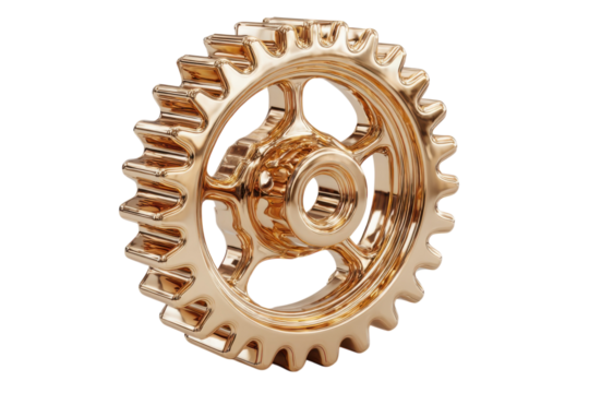 Gold cogwheel precision gear shiny metal machinery intricate mechanical parts industry on transparent background