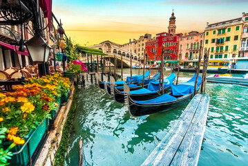 magical landscape with gondolas on the Grand Canal in Venice, Italy. popular tourist attraction. Wonderful exciting places. (vacation, rest - concept)