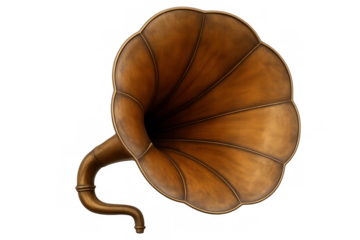 Vintage gramophone horn amplifying audio waves, showcasing retro sound reproduction technology on transparent backdrop