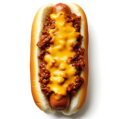 A hot dog topped with chili and melted cheese, served in a bun