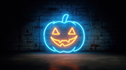 Bright neon pumpkin face glowing in the dark for Halloween decor