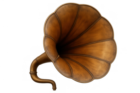 Vintage gramophone horn amplifying audio waves, showcasing retro sound reproduction technology on transparent backdrop