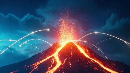 A vibrant volcanic eruption at night showcasing flowing lava and ash clouds against a starry sky illustrating the power of nature and potential for geological study or educational use - Powered by Adobe