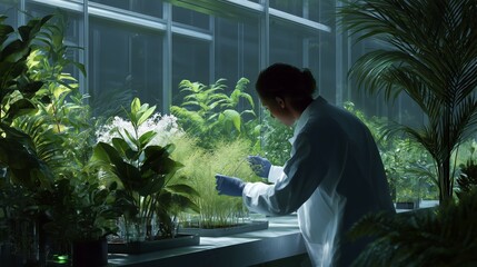 Scientist examining plant samples in a controlled greenhouse environment during the day