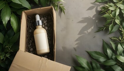 Eco-Friendly Skincare Product in Recyclable Packaging Surrounded by Green Leaves on a Natural Stone Background