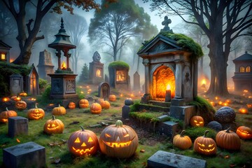 Halloween pumpkins and tombs glow in a spooky cemetery at night
