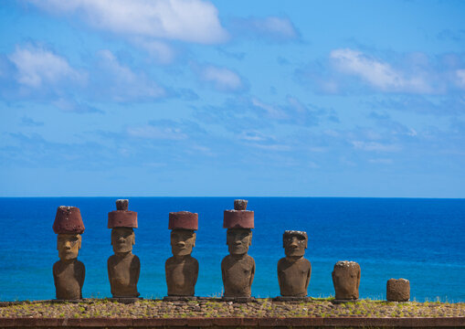 Moais in ahu nau nau at anakena beach, Easter Island, Hanga Roa, Chile