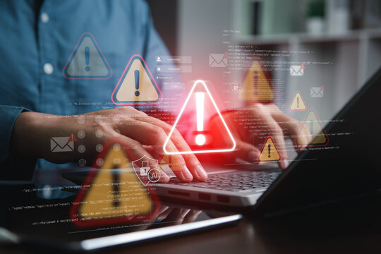 Cyber security risk concept, system alert on interface, hacking, IT system breach, AI-powered security alert.