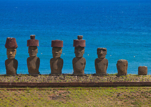 Moais in ahu nau nau at anakena beach, Easter Island, Hanga Roa, Chile