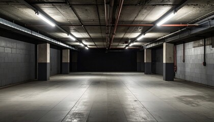 Empty Underground Parking Garage: Dark Concrete Architecture