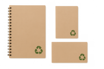 Eco-friendly notebooks sporting recycling symbol, positioned on transparent surface, highlighting green living principles and environmental awareness
