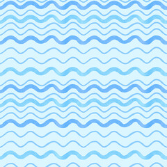 Watercolor hand drawn blue wavy lines. Seamless pattern