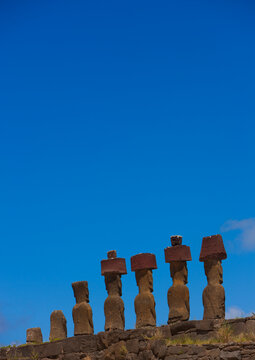 Moais in ahu nau nau at anakena beach, Easter Island, Hanga Roa, Chile