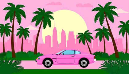 Pink car, city, palm trees, sunset