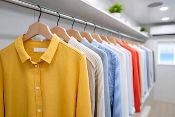 Obraz premium Colorful clothes hanging in modern wardrobe closet with wooden hangers