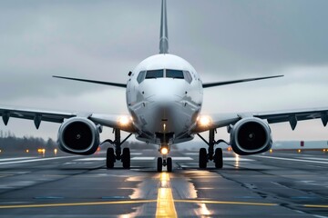 Obraz premium Passenger airplane taxiing on runway getting ready for takeoff