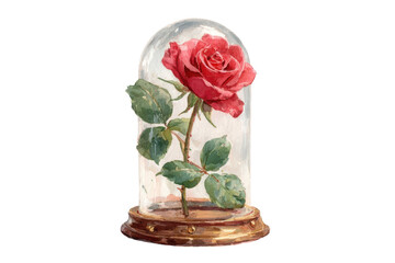 Enchanted Rose Watercolor Painting Beautiful Red Rose under Glass Dome Beauty and The Beast on transparent background