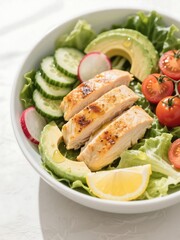 Grilled Chicken Bowl. Grilled chicken breast, lettuce, avocado, cucumber, radish, cherry tomatoes. Drizzle with olive oil and lemon juice