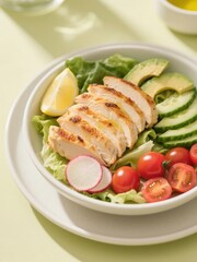 Grilled Chicken Bowl. Grilled chicken breast, lettuce, avocado, cucumber, radish, cherry tomatoes. Drizzle with olive oil and lemon juice