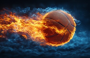 Fototapeta premium Basketball ablaze with orange fire and blue smoke against dark sky flame burning