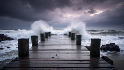 Powerful ocean waves crashing against a wooden pier under a dramatic stormy sky