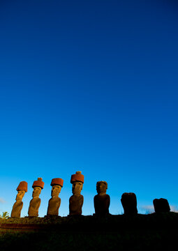 Moais in ahu nau nau at anakena beach, Easter Island, Hanga Roa, Chile