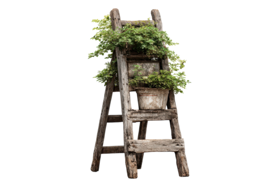 Rustic Ladder Garden Aged Wood Green Plants and Vintage Charm A Botanical Display of Natural on transparent background