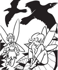 vector sketch illustration silhouette image design caricature icon logo symbol fairy relaxing on a leaf