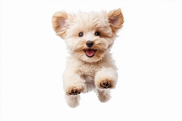Cute Fluffy Puppy Jumping with Joy on White Background
