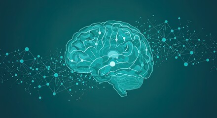 Fototapeta premium Glowing anatomical brain illustration with connecting nodes and lines on a teal background