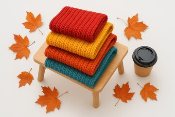 Colorful knitted scarves on wooden stool with autumn leaves and coffee